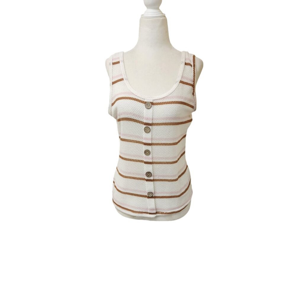 Wild Love Knit Tank Top Henley Style Women's Medium Cream Brown Pink Striped